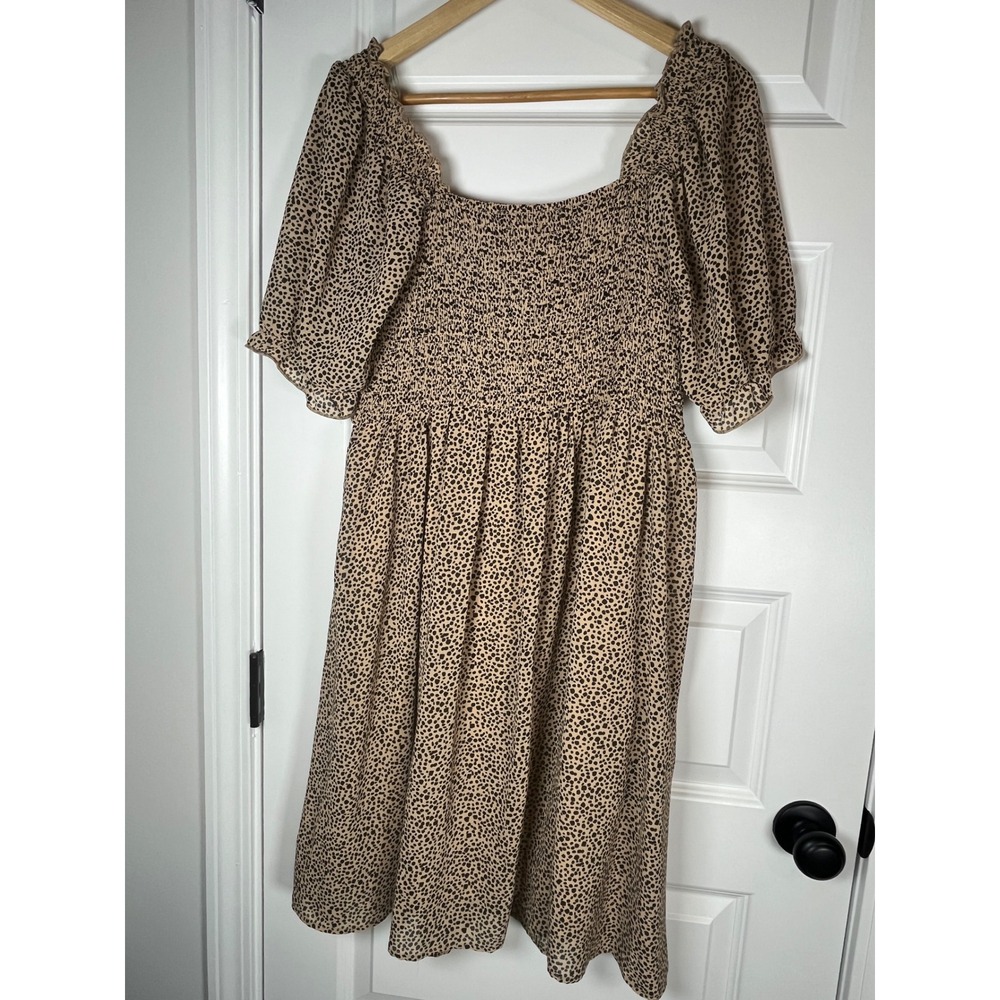 Hesperus Animal Print Smocked Puff Sleeve Dress Tan Black 1X NWT
